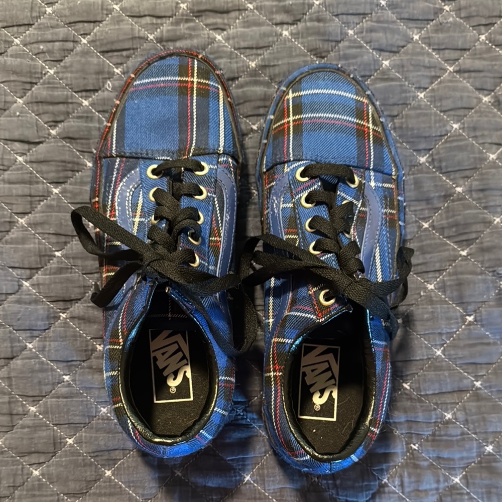 Vans Old Skool Platform Patent Blue Black Plaid Sneakers